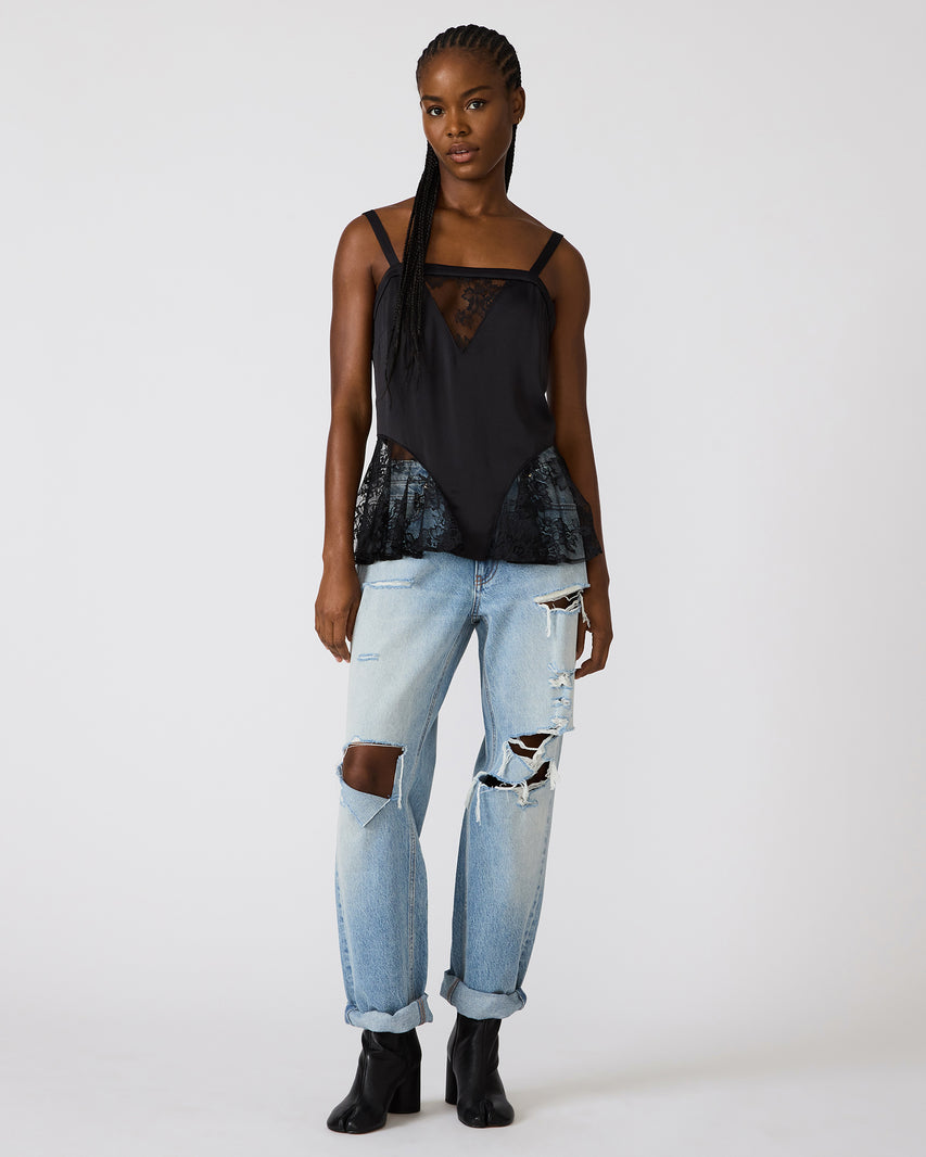 LEONORAH Black Square Neck Lace Detail Women's Top | Steve Madden