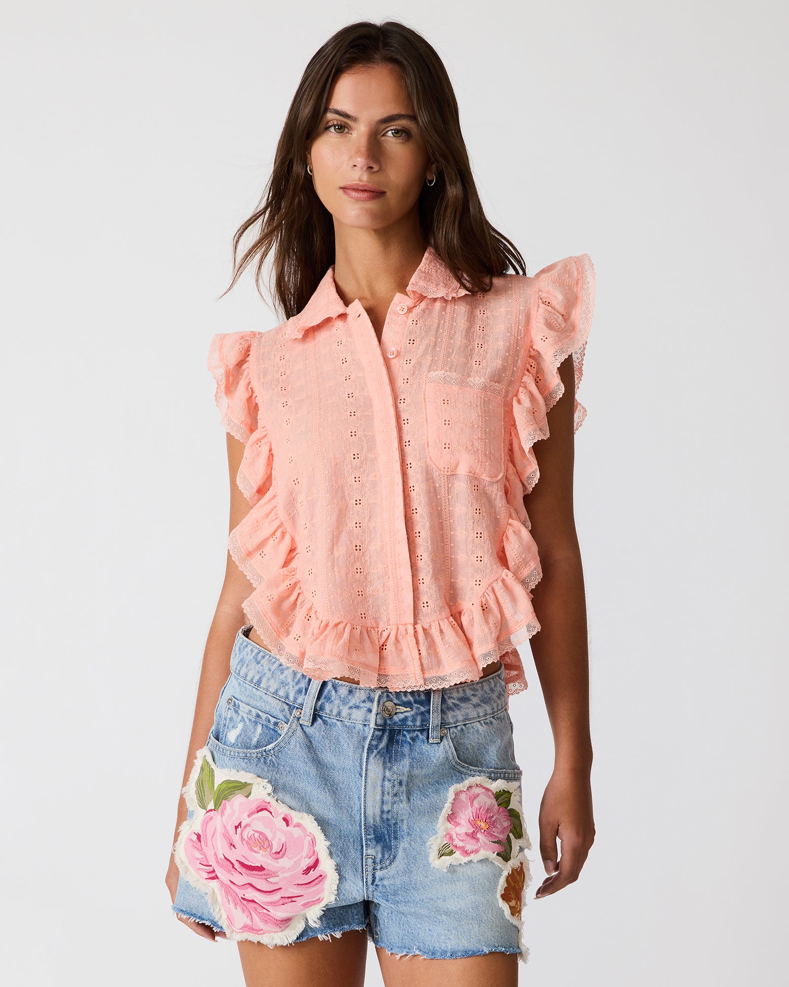 ADELINE Apricot Gelato Eyelet Button-Up Ruffles Women's Top