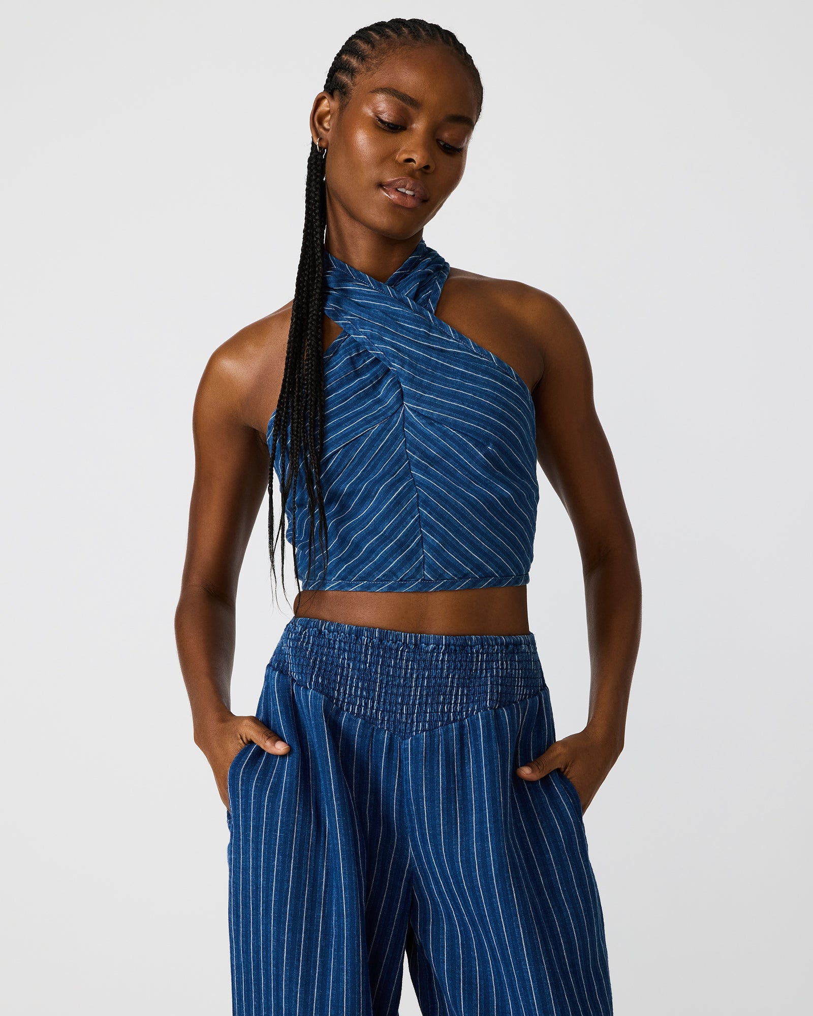 WINNIE Mixed Indigo High Neck Halter Set Women's Cropped Top | Steve Madden