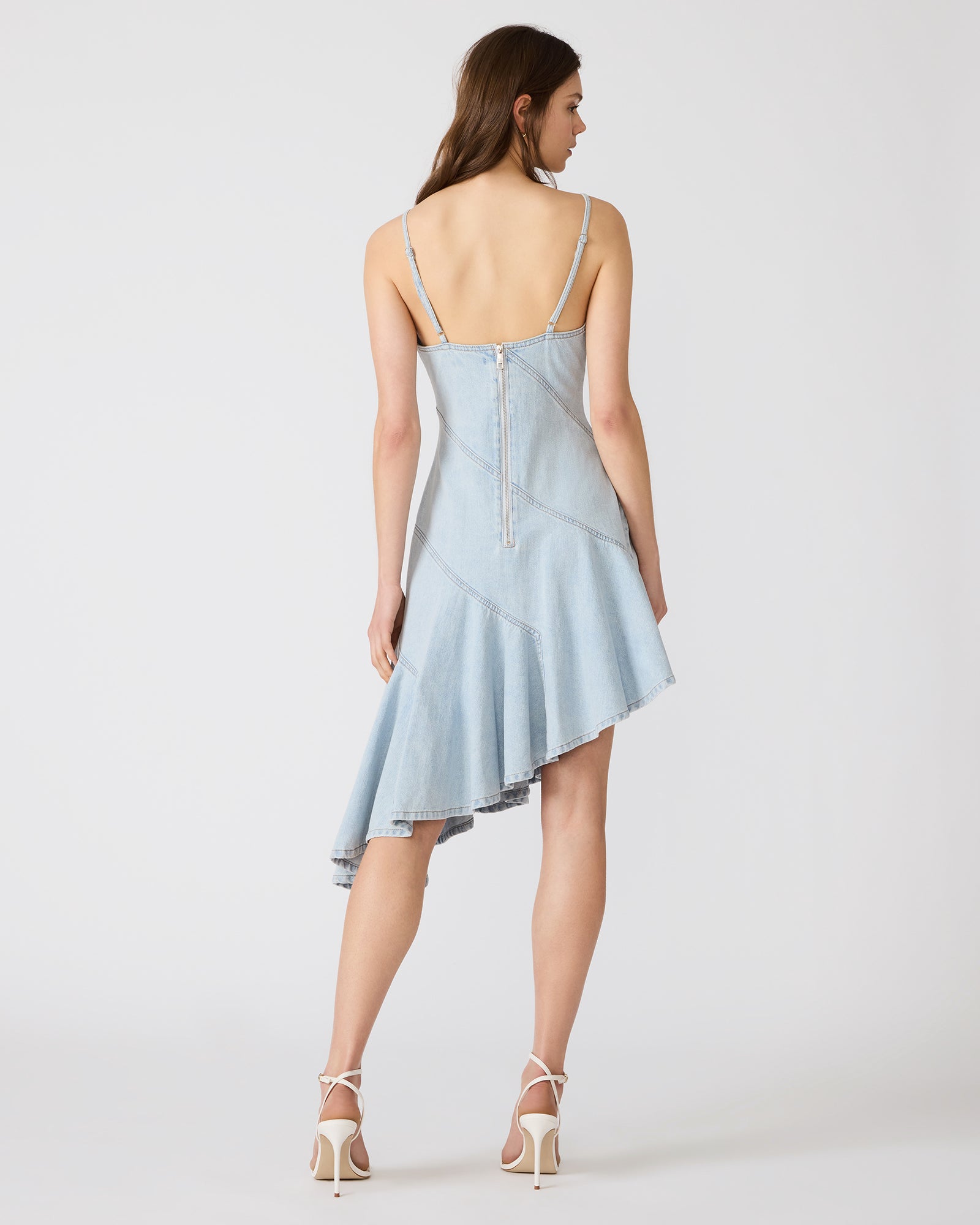 asymmetric hem blue dress Strapless V-Neck A-Line Midi Dress with Asymmetrical Hem for Wedding Guests main image 0