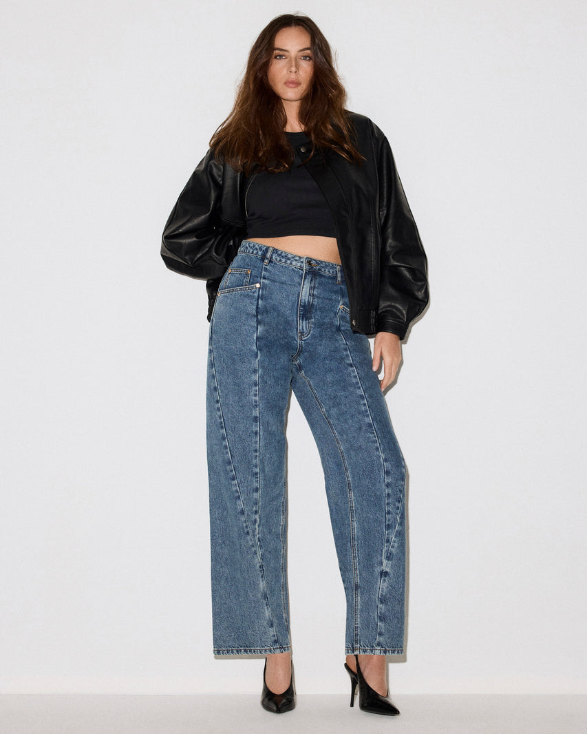 THE SEAMED SYDNEE Imperial Blue High-Rise Barrel Denim Women's Jeans | Steve Madden