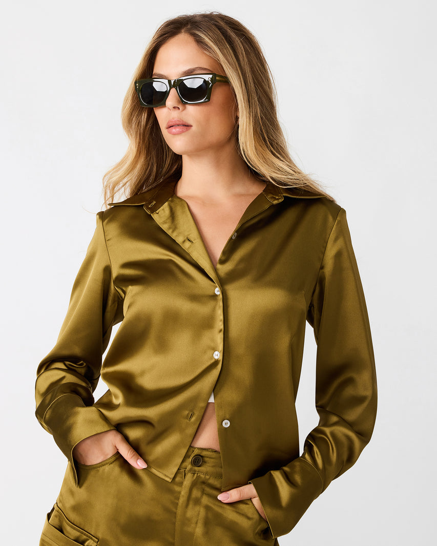 MARE Fir Green Button Down Long Sleeve Women's Top | Steve Madden