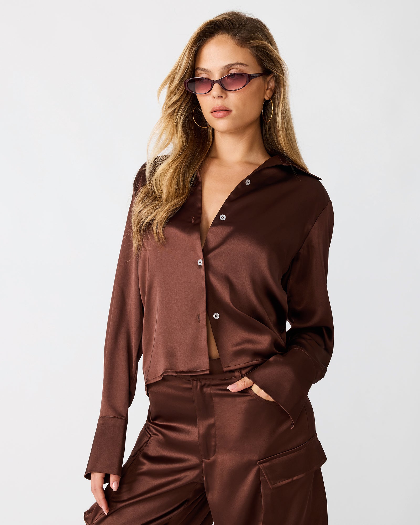 MARE Shaved Chocolate Button Down Long Sleeve Women's Top | Steve Madden