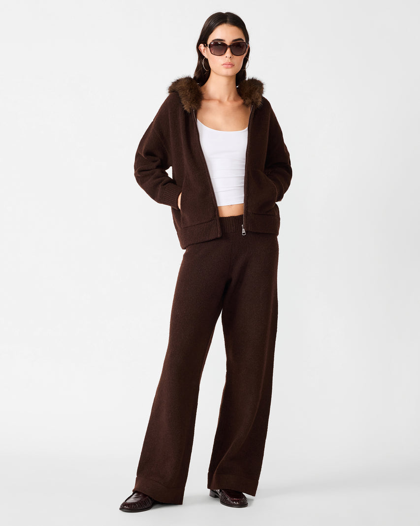 ANGELIQUE Dark Toffee Wide-Leg Ribbed Knit Women's Pants | Steve Madden