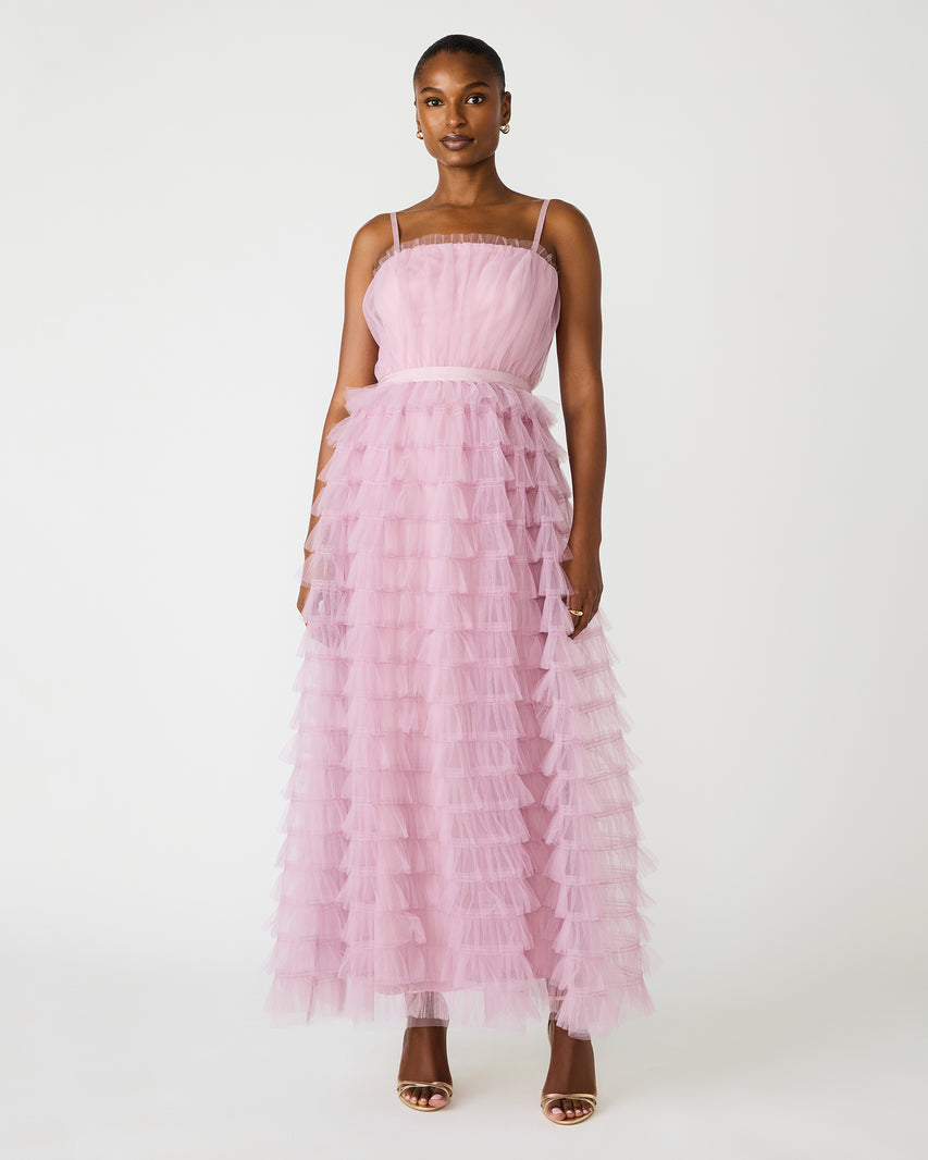 Tiered Dawn Pink Tulle Maxi Women's Prom Dress | Steve Madden