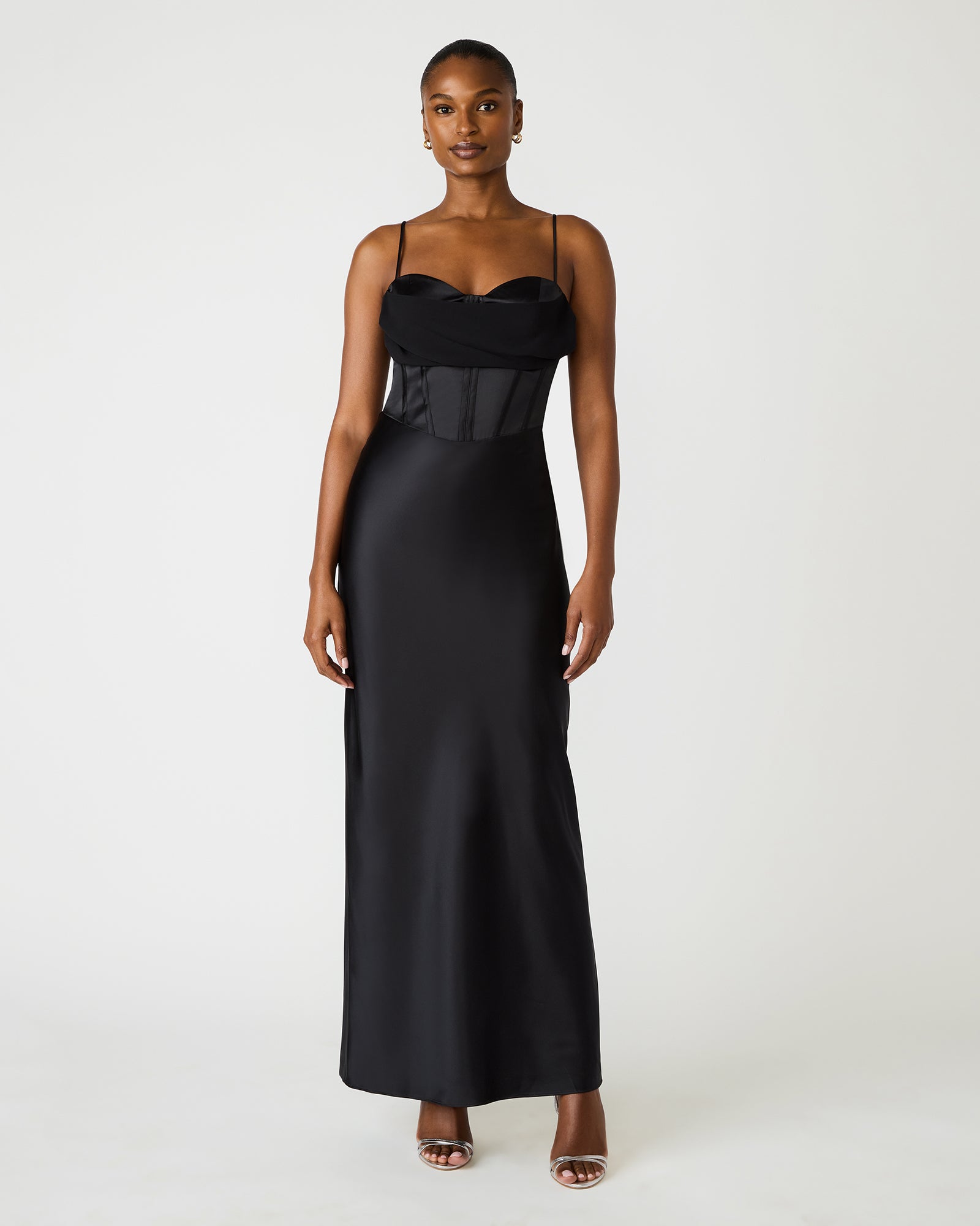 CARMELA Black Satin Bustier Corset Maxi Women's Prom Dress | Steve Madden