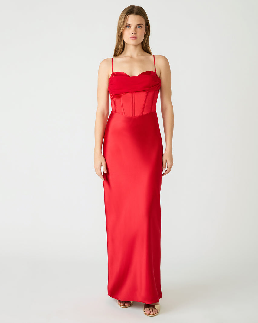 CARMELA Red Satin Bustier Corset Maxi Women's Prom Dress | Steve Madden