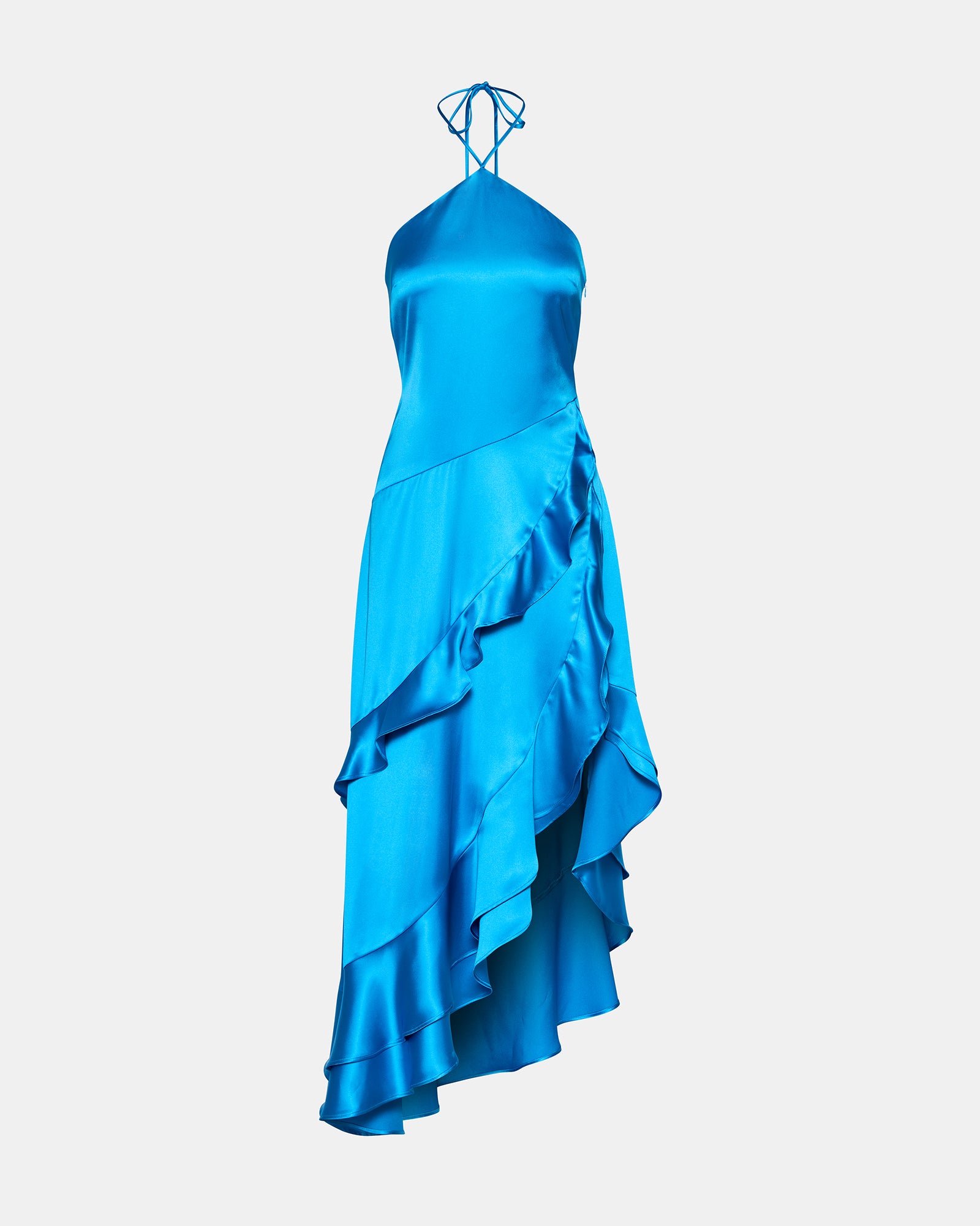 CASPIA Blue High-Neckline Ruffles Asymmetrical Women's Maxi Dress Steve Madden CASPIA Blue High-Neckline Ruffles Asymmetrical Women's Maxi Dress Steve Madden