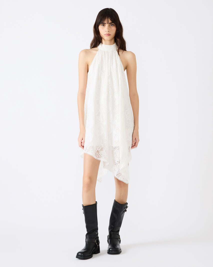 SANDER Cream Asymmetrical High-Neckline Lace Women's Mini Dress | Steve Madden