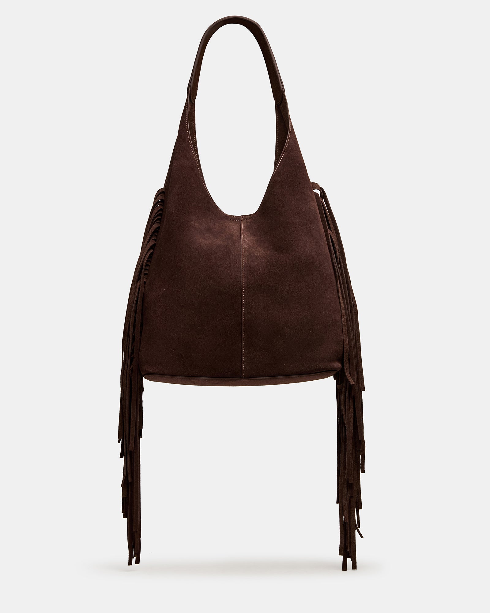 AUTUMN Fringe Bag Chocolate Shoulder Strap Slouchy Hobo Suede Tote Handbag | Steve Madden