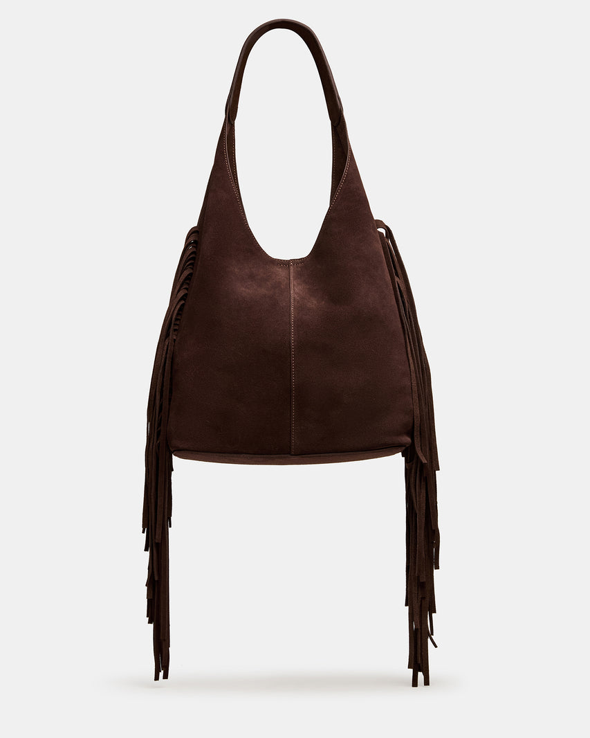 AUTUMN Fringe Bag Chocolate Shoulder Strap Slouchy Hobo Suede Tote Handbag | Steve Madden