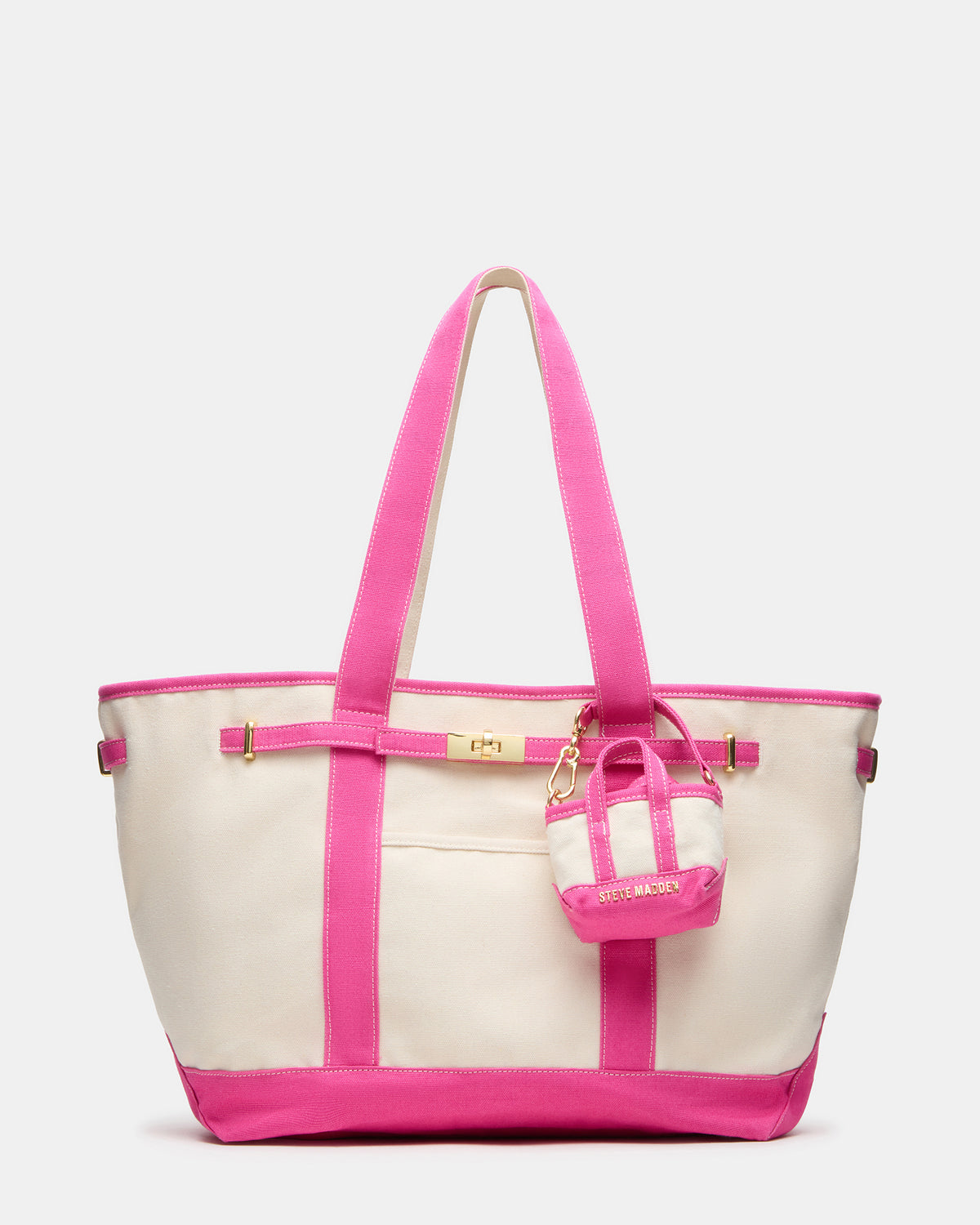 Steve Madden Boat Bag with cream body, hot-pink trim and matching mini bag charm