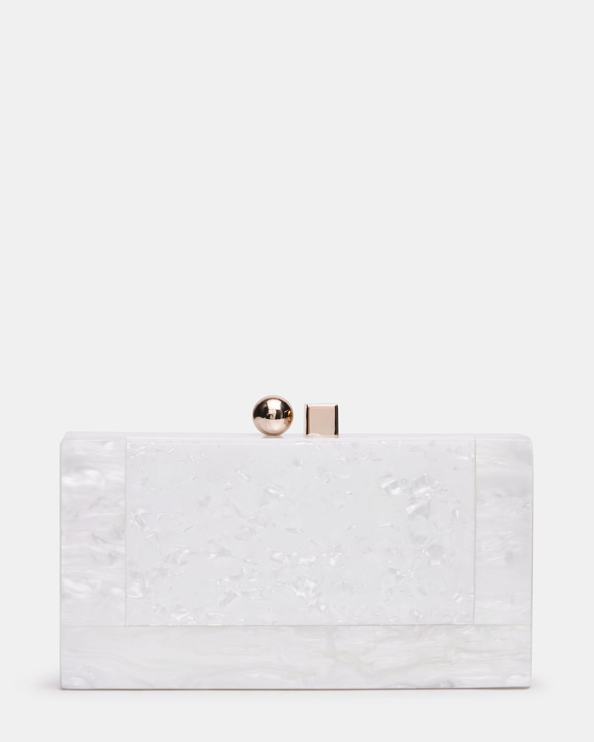 CAMILAA Bag White Geometric Pearlescent Minaudiere Crossbody Clutch Handbag | Steve Madden