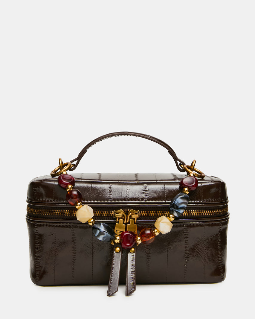 HERRA Brown Eel Beaded Top Handle Vanity Case Crossbody Handbag | Steve Madden