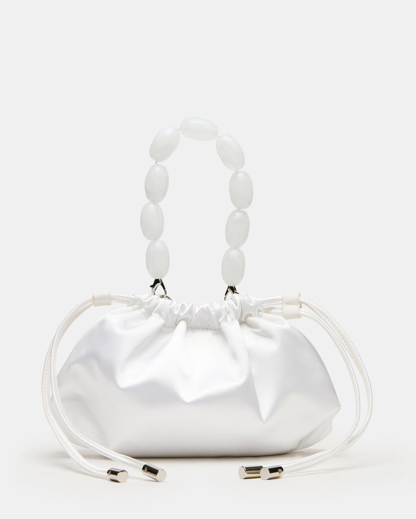 MARIELA White Satin Beaded Drawstring Crossbody Clutch Handbag | Steve Madden