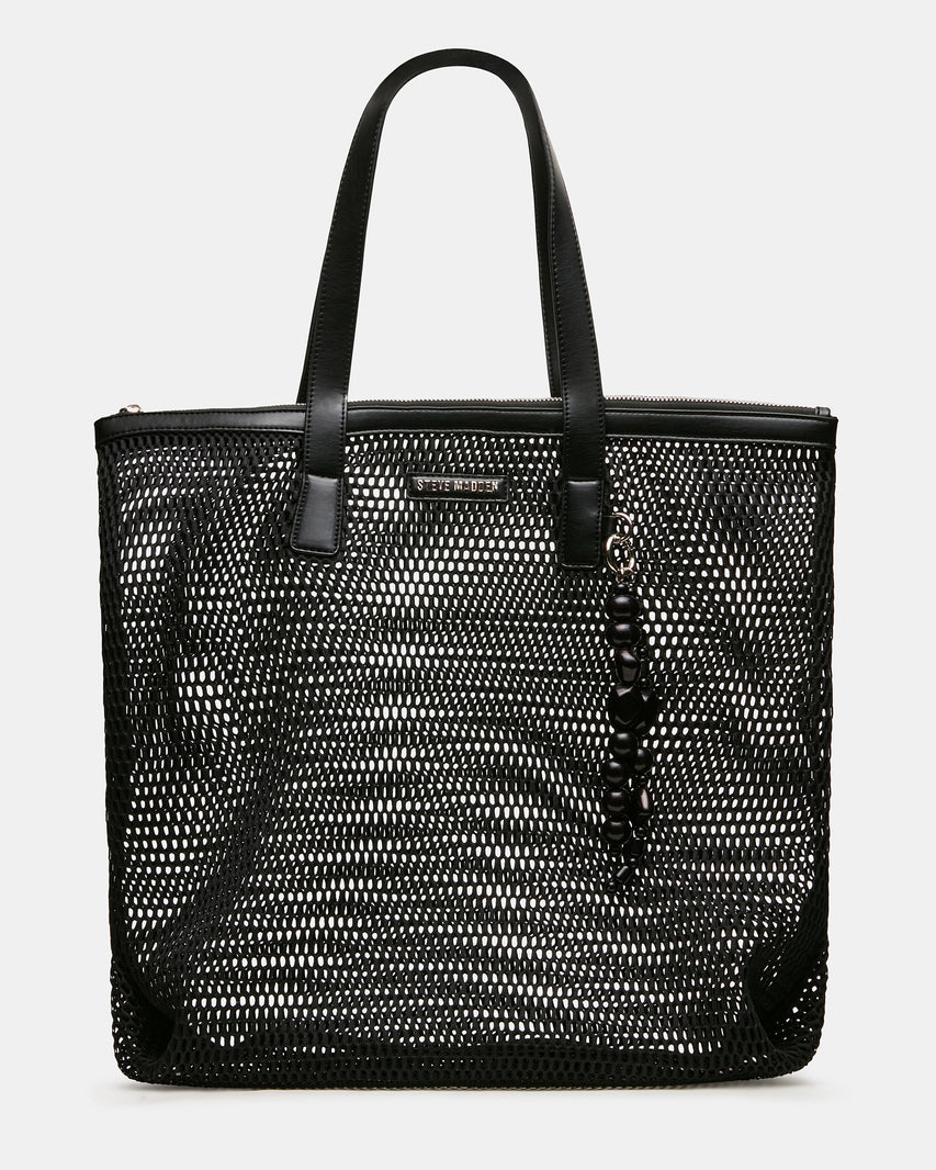 MISHA Black Mesh Beaded Bag Charm Tote Handbag | Steve Madden
