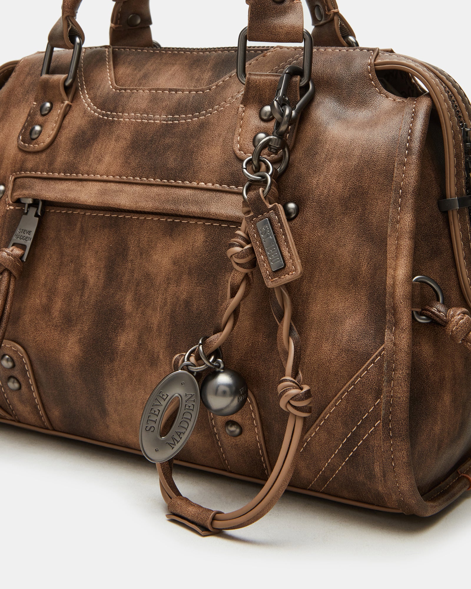 brown leather steve madden backpack Logo Mini and Card Case, Brown, One Size, Steve Madden Logo Mini Backpack Fashion Featuring dome stud details and knotted fringe decals on a gusset with rounded bottom metal aglets brown Steven Madden mini backpack