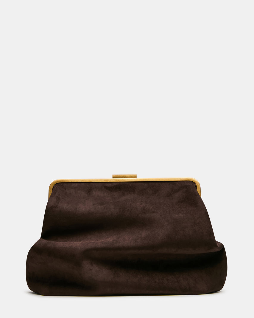 SEFINA Brown Suede Kiss-Lock Oversized Clutch Handbag | Steve Madden