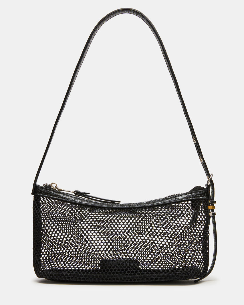 LUCIELL Black Strap Mesh Structured Bottom Shoulder Handbag | Steve Madden