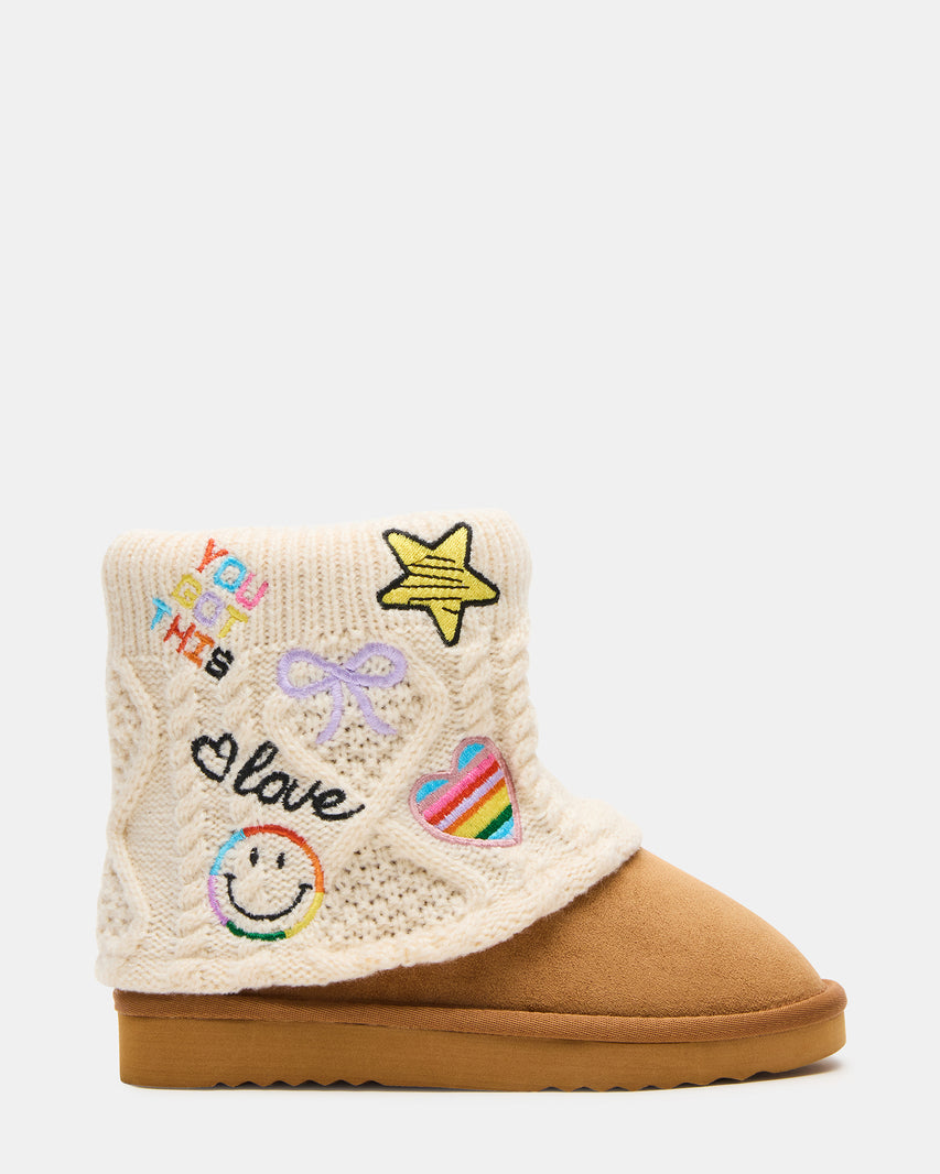 Kids' SWAYY Cognac Multi Faux Fur Knit Fold-Over Patches Girls' Ankle Boot | Steve Madden