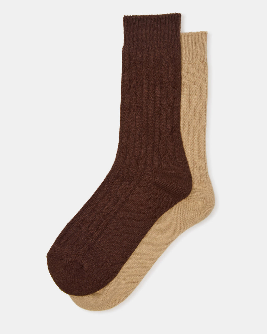 2 PACK CABLE TEXTURE BOOT SOCKS BROWN