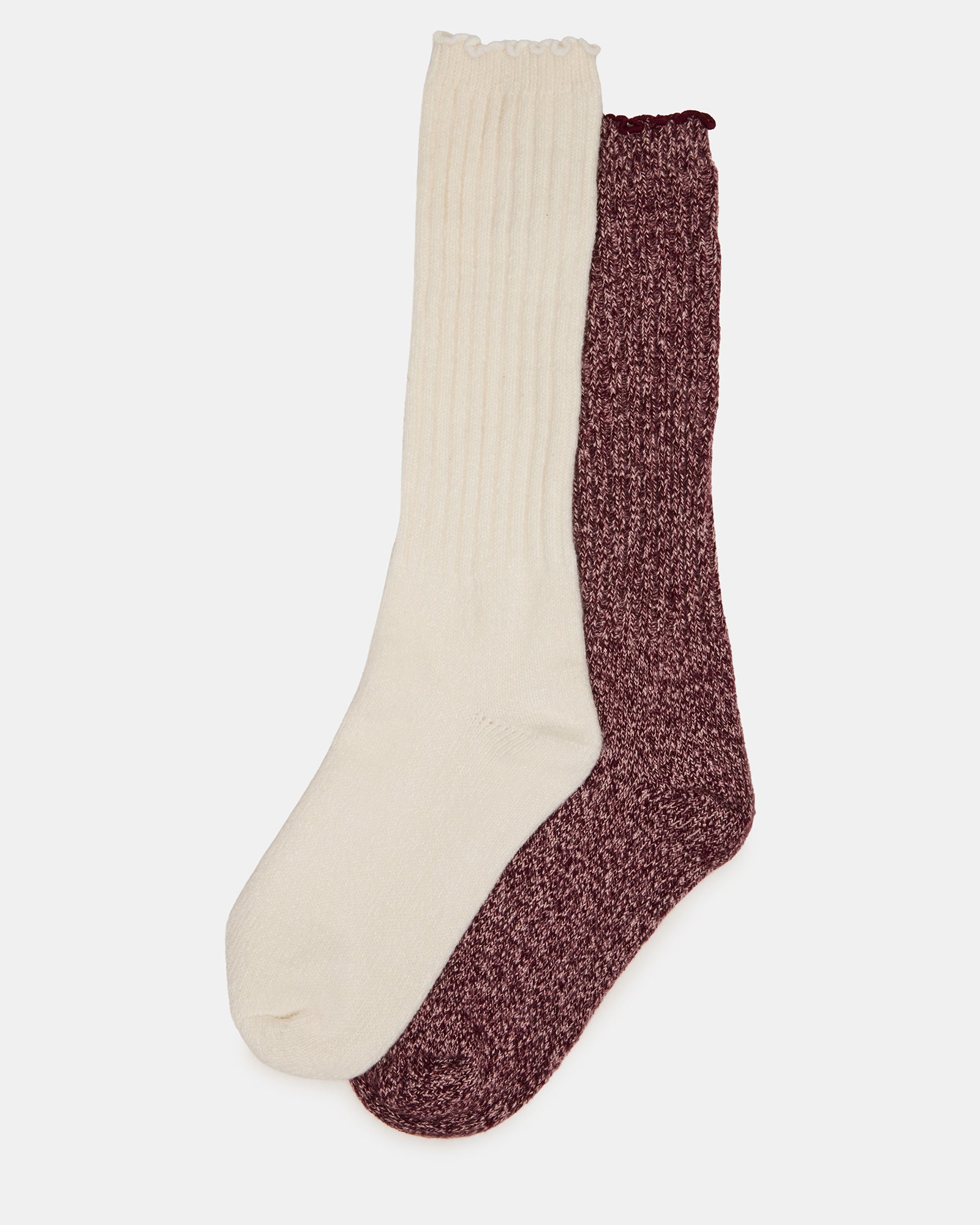 2 PACK SUPER SOFT LETTUCE EDGE SOCKS IVORY/BURGUNDY