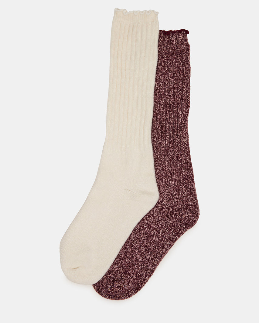 2 PACK SUPER SOFT LETTUCE EDGE SOCKS IVORY/BURGUNDY