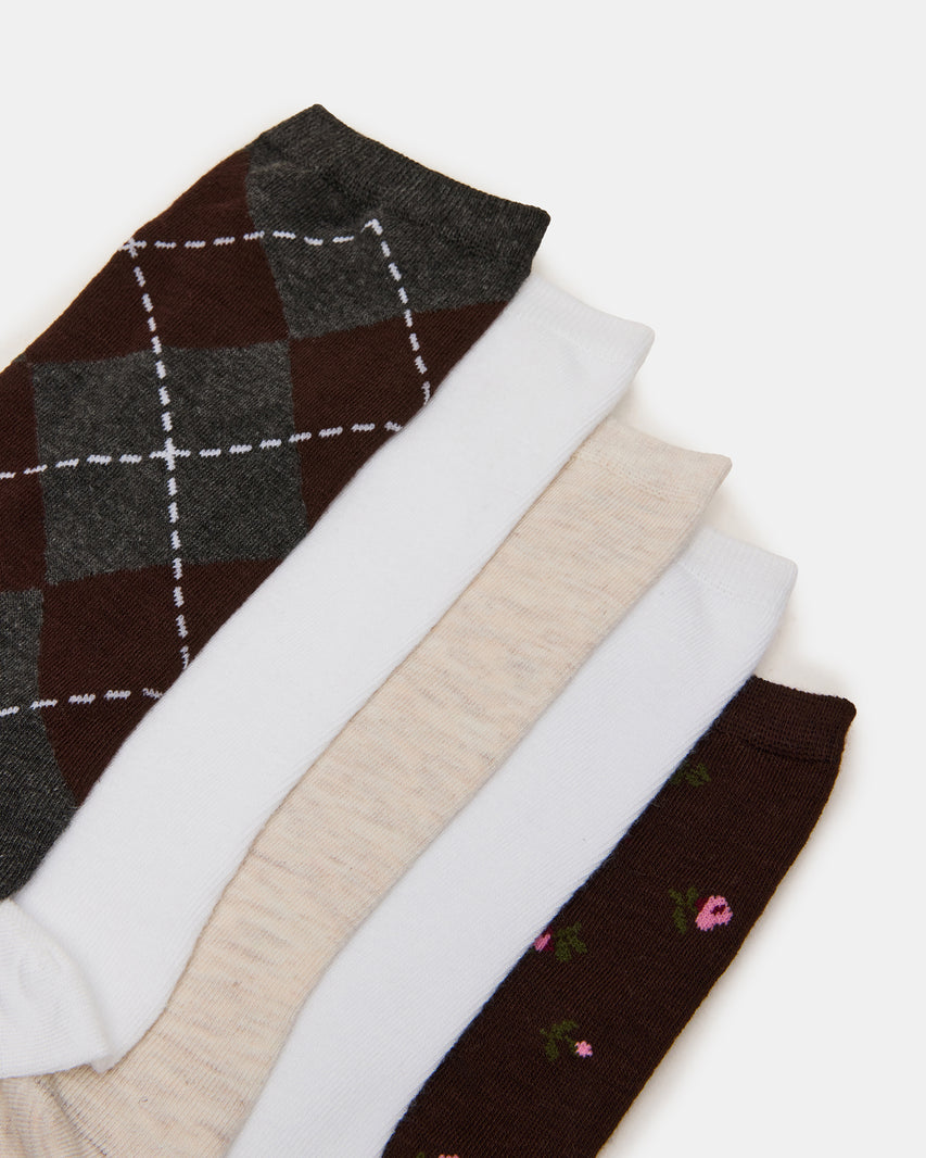 5 PACK ARGYLE DITSY FLORAL CREW SOCKS CHARCOAL MULTI - view 2