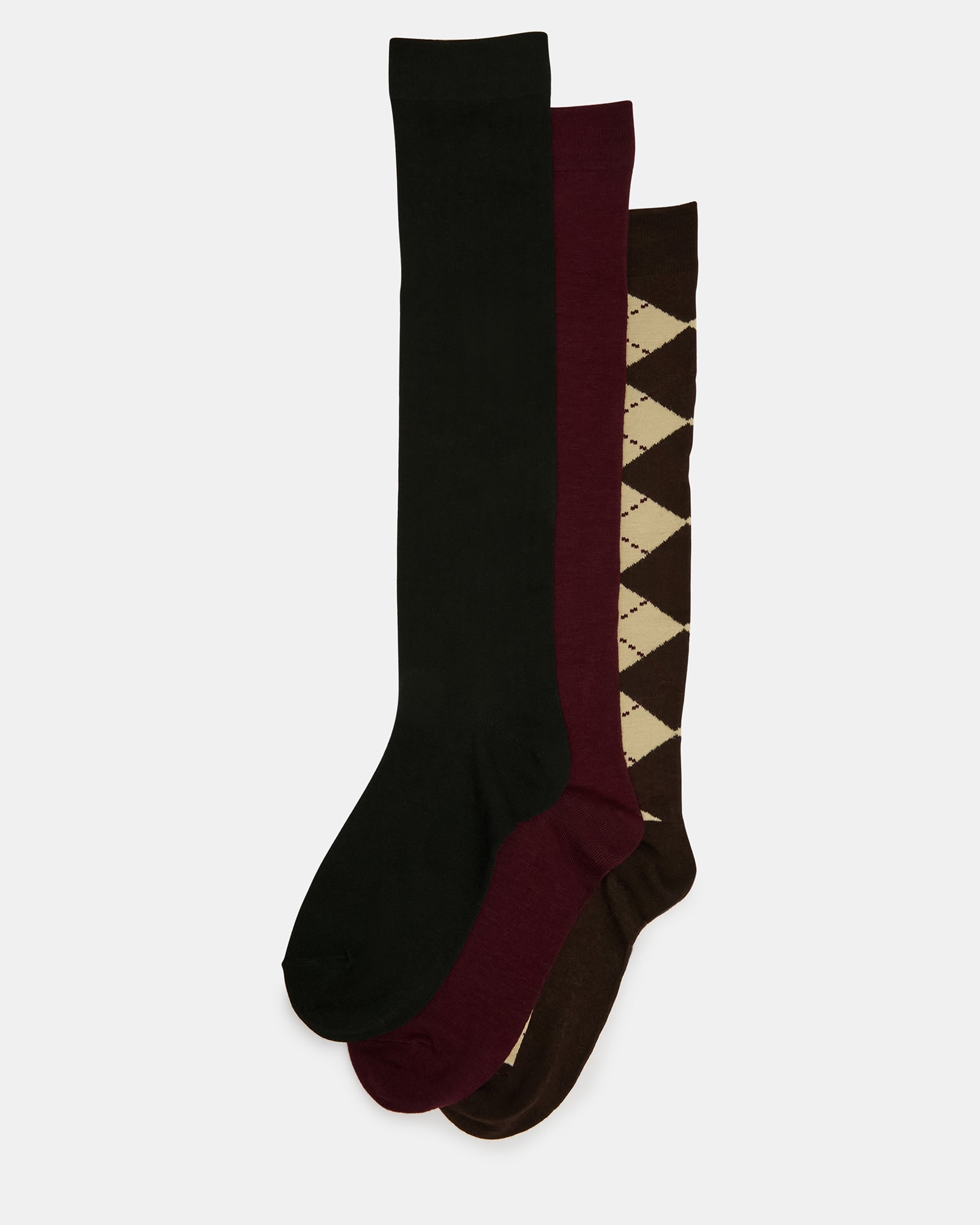 3 PACK ARGYLE KNEE HIGH SOCKS BROWN MULTI