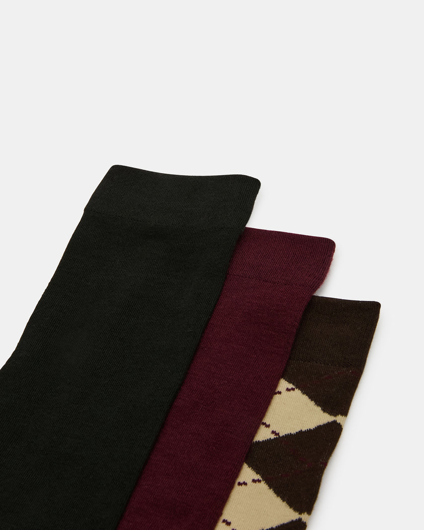 3 PACK ARGYLE KNEE HIGH SOCKS BROWN MULTI - view 2