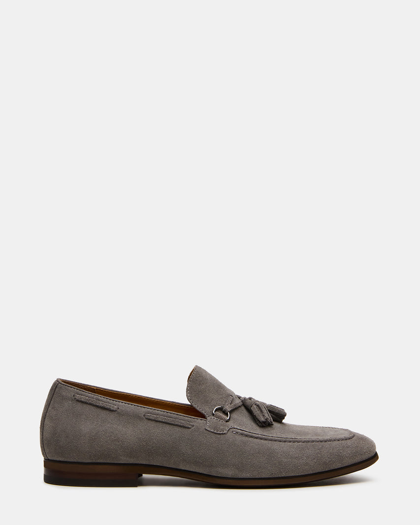 LOGAN Light Grey Suede Tassel Slip-On Men's Loafer | Steve Madden