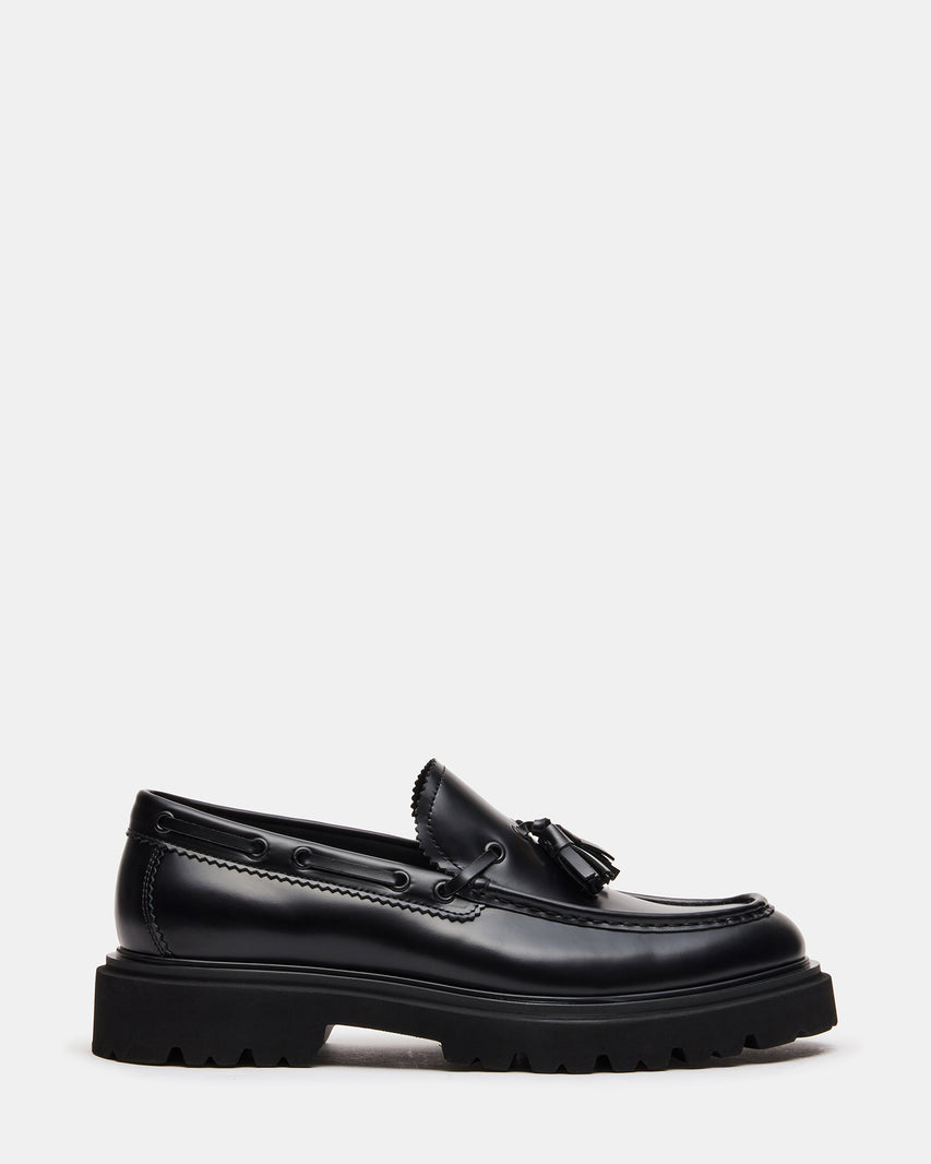 MERAN Black Leather Slip-On Lug Tassel Boat Men's Loafer | Steve Madden