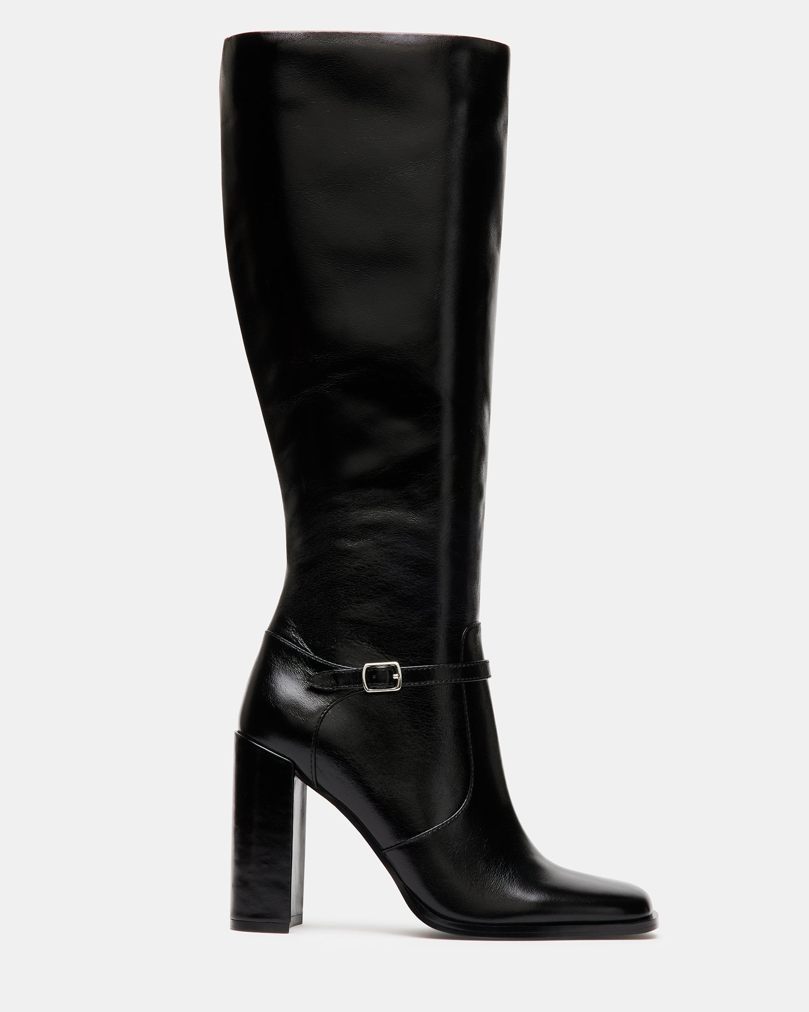 ADALYN Black Leather Knee High Square Toe Boot | Women's Boots – Steve ...
