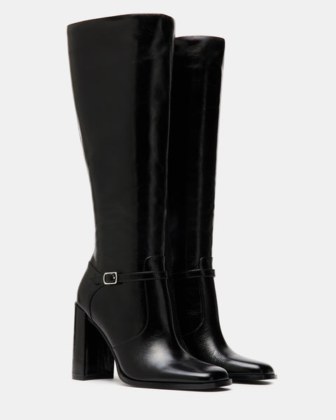 ADALYN Black Leather Knee High Square Toe Boot | Women's Boots – Steve ...