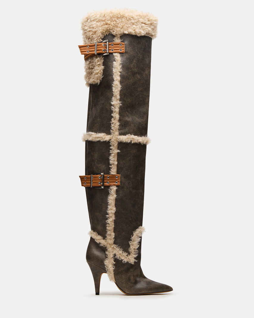 BADDIE FAUX FUR BROWN DISTRESSED