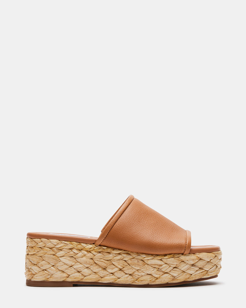 BRAIDEN Tan Leather Platform Slide Sandal | Women's Sandals | Steve Madden