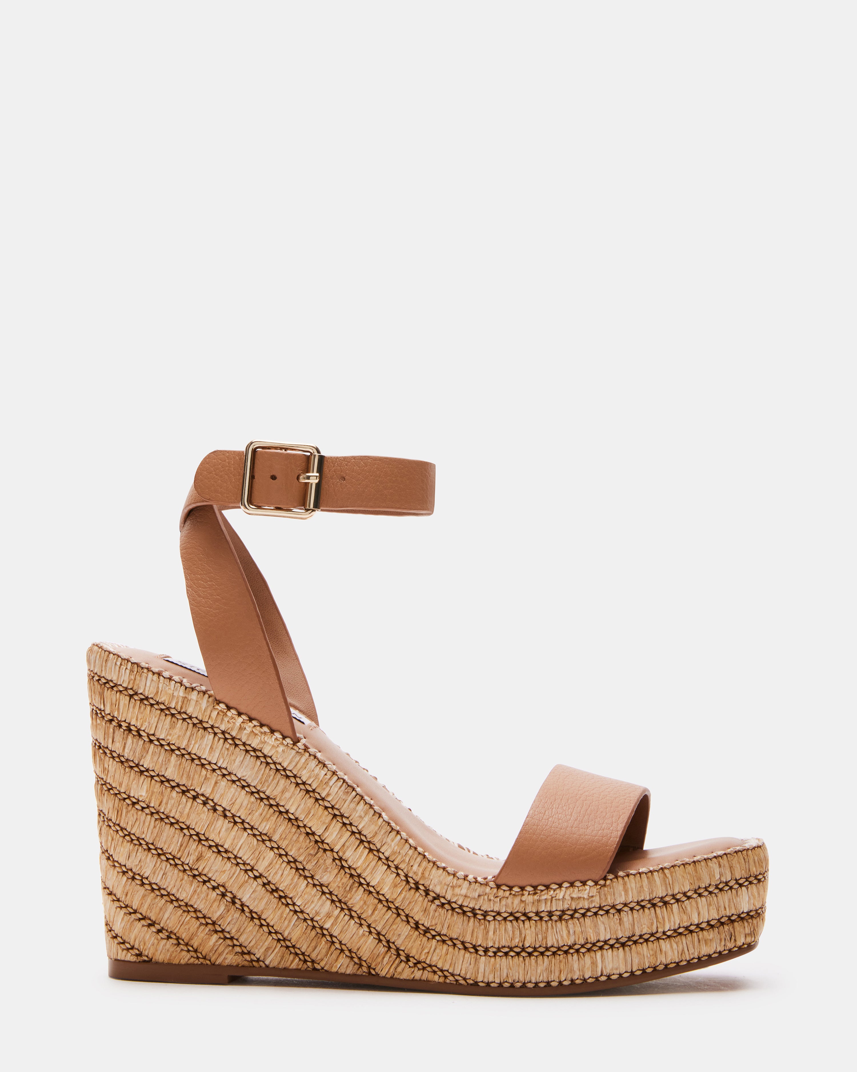 Woman's strap platform sandal in white and tan brown leather with braided  wedge heel 9