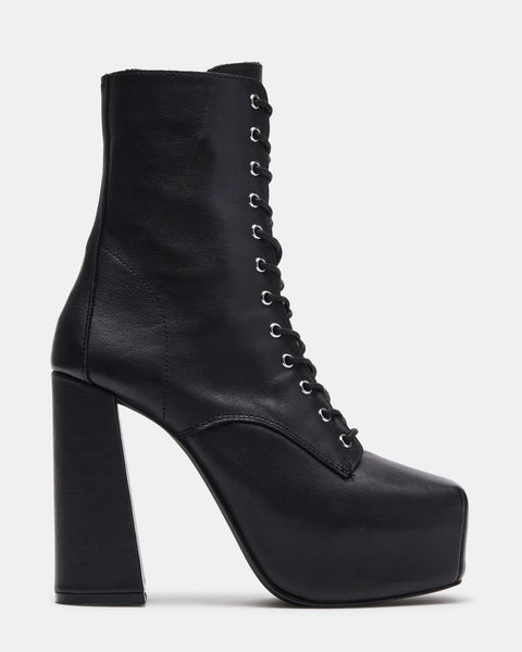 CONFIDENT Black Leather Lace-Up Ankle Bootie | Women's Booties – Steve ...