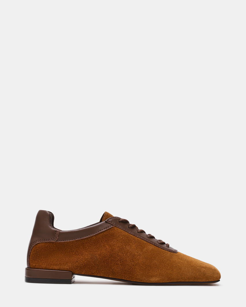 DELPHY Lace-Up Tan Suede Square-Toe Women's Flat | Steve Madden