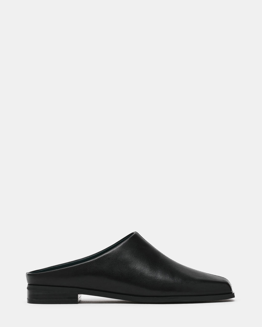 DELPHY Black Leather Slip-On Mule Square-Toe Women's Flat | Steve Madden