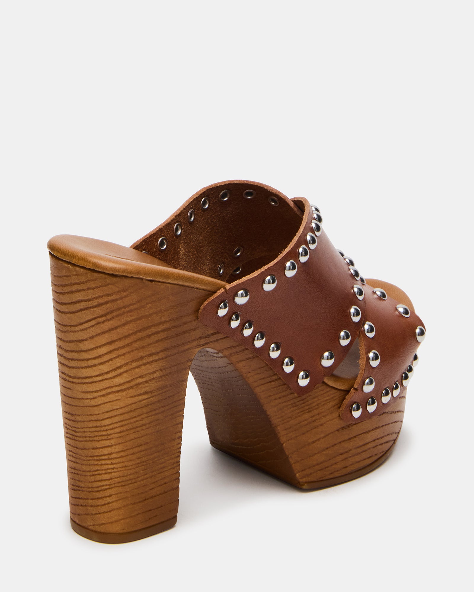 DEMI Cognac Leather Platform Wood Bottom Studded Mule Women's