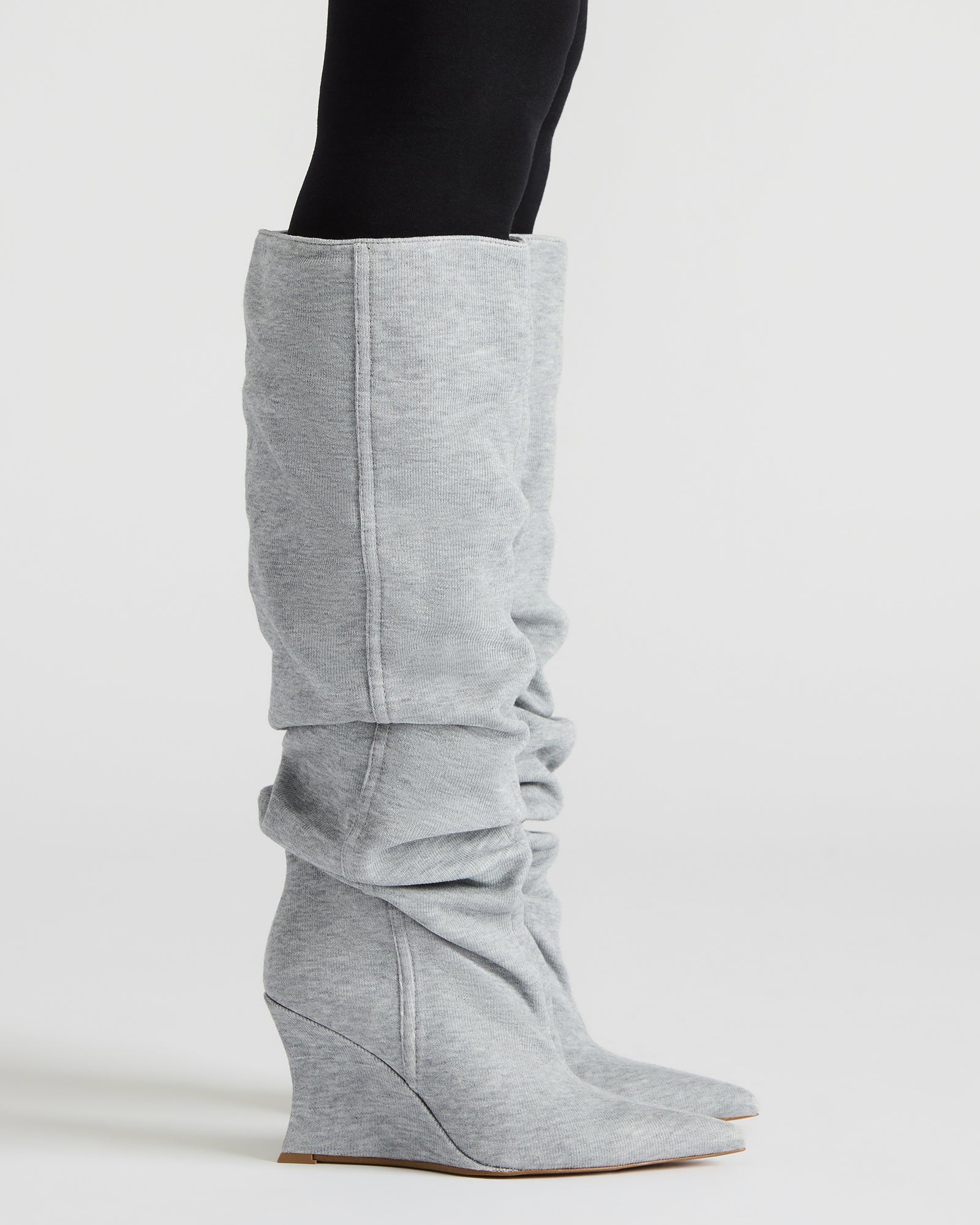 DISTORTION Grey Fabric Pointed-Toe Scrunched Knee-High Wedge