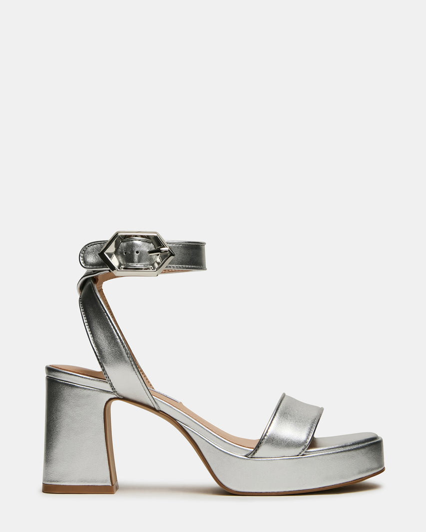 ELIDA Silver Leather Ankle Strap Platform Women's Block Heel | Steve Madden