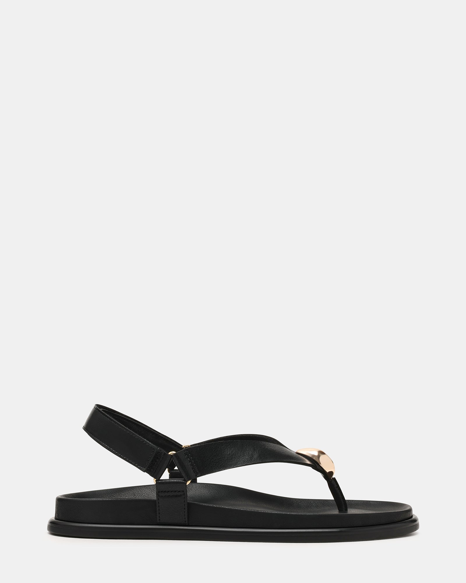 ELVIA Black Leather Thong Gold-Detail Slingback Footbed Women's Sandal | Steve Madden