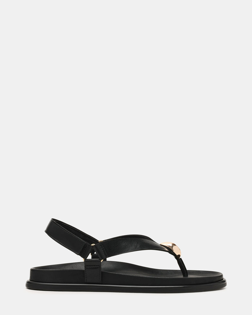 ELVIA Black Leather Thong Gold-Detail Slingback Footbed Women's Sandal | Steve Madden