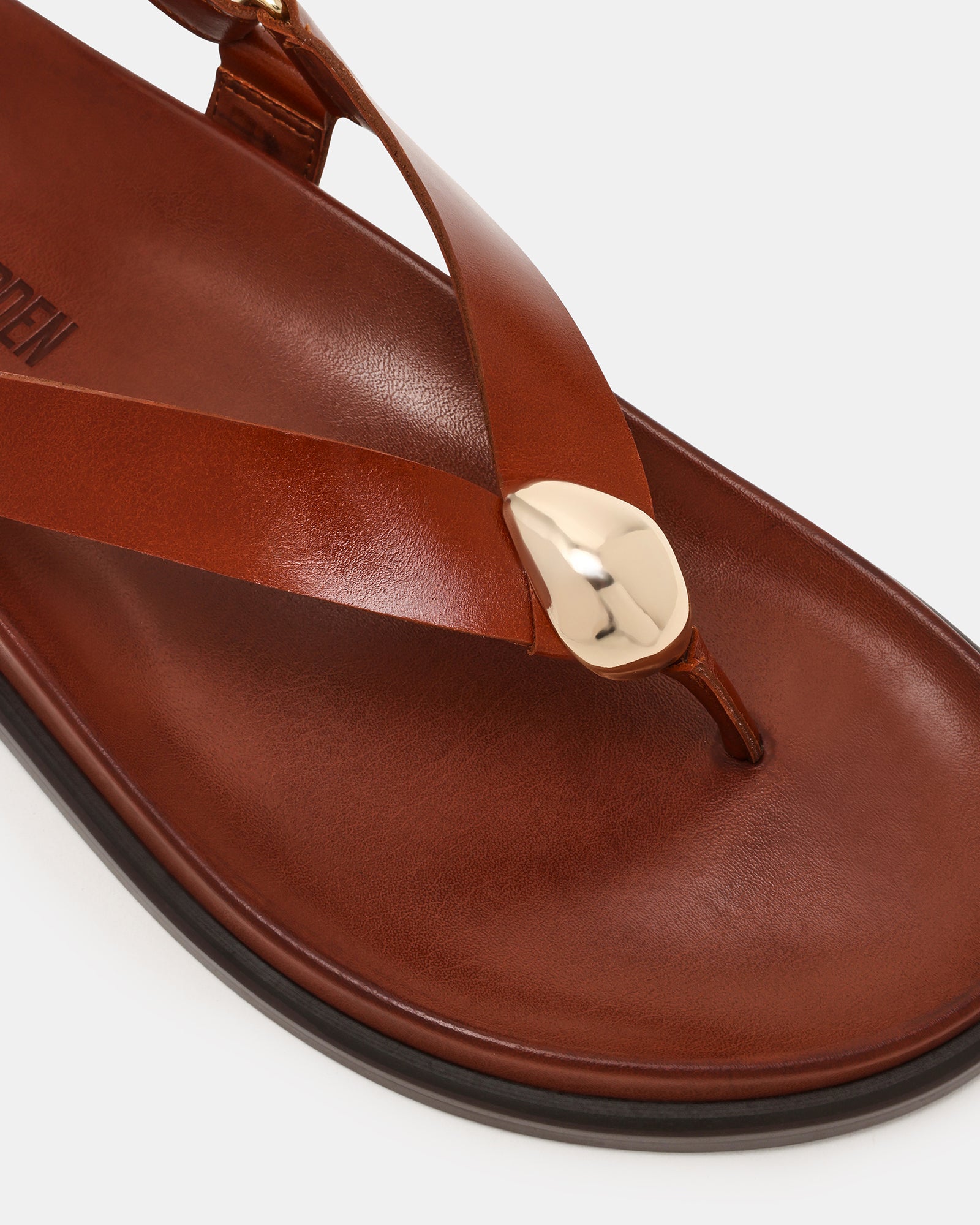ELVIA Brown Leather Thong Gold-Detail Slingback Footbed Women's Sandal Steve Madden ELVIA Brown Leather Thong Gold-Detail Slingback Footbed Women's Sandal Steve Madden