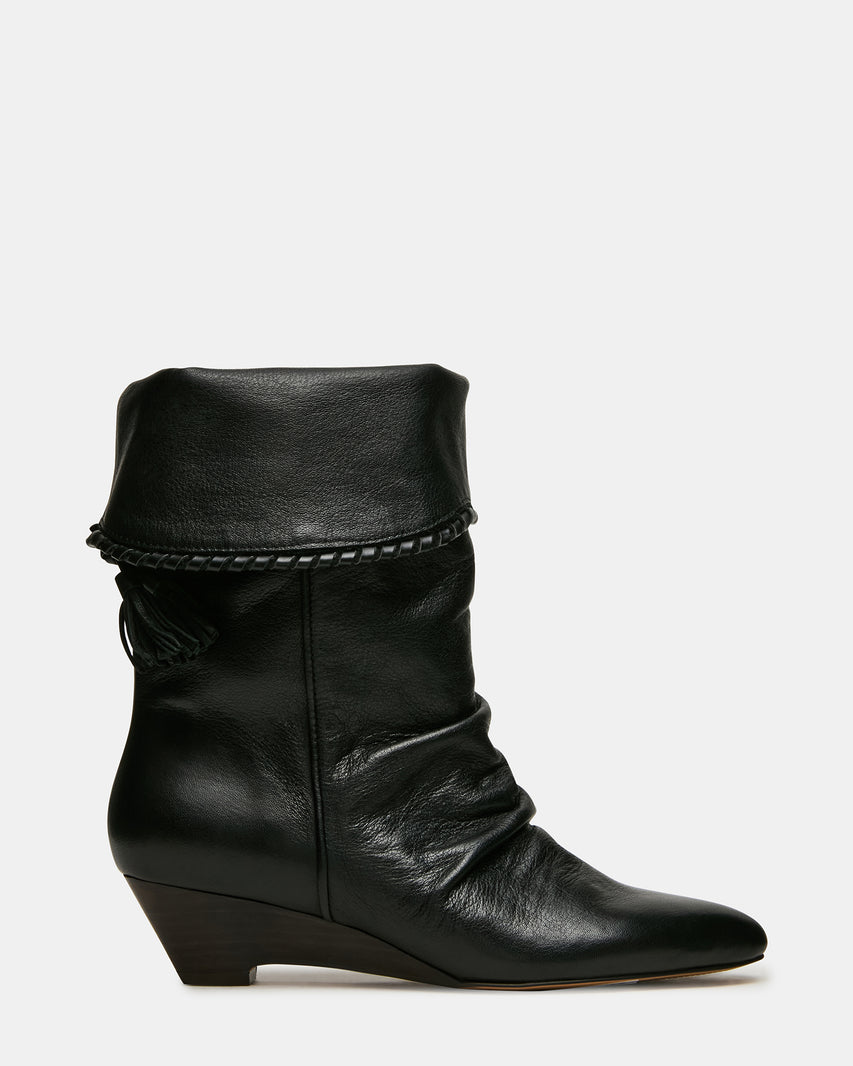 ENAYA Black Leather Tassel Ruched Pointed-Toe Wedge Women's Boot | Steve Madden