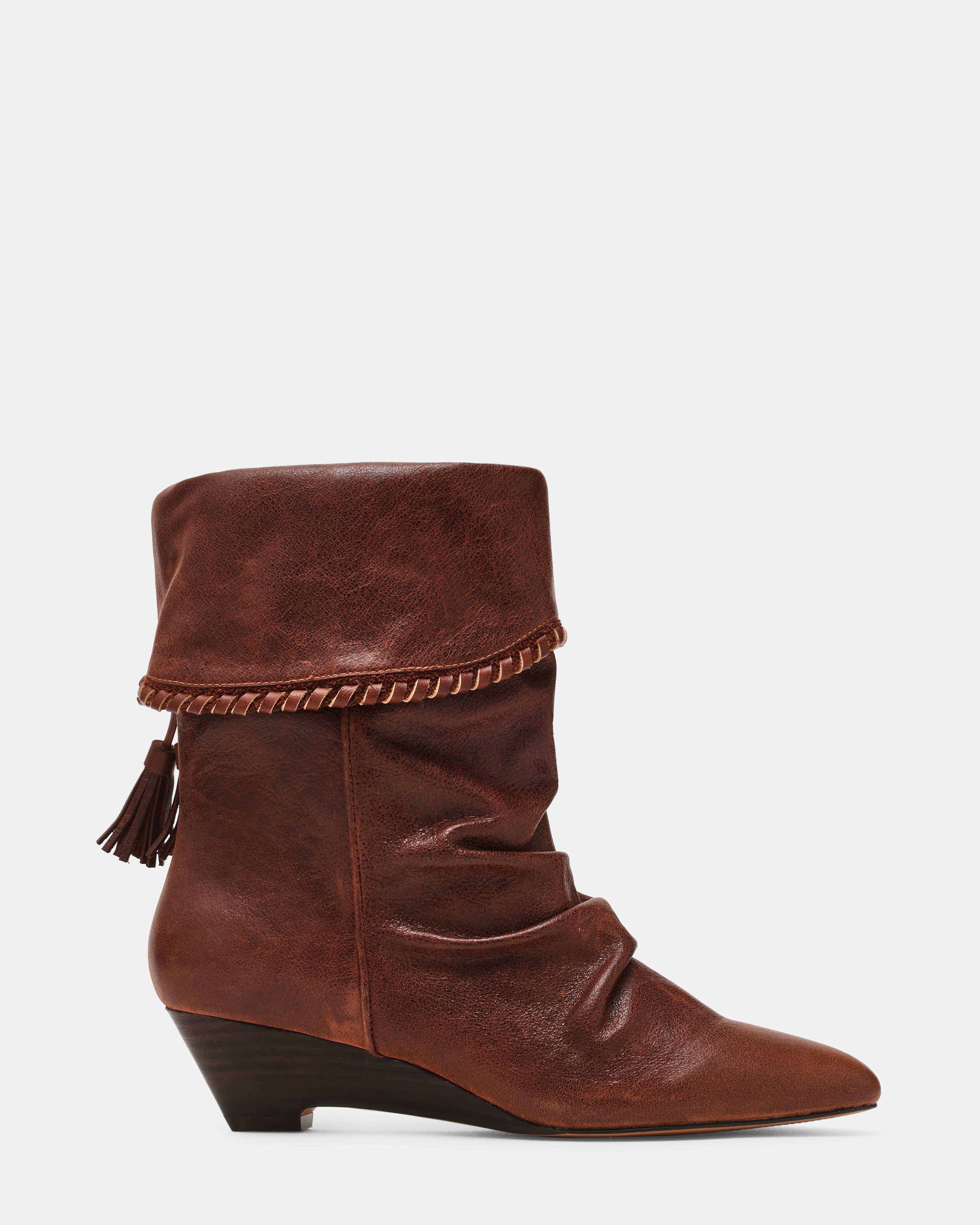 ENAYA Brown Leather Tassel Ruched Pointed-Toe Wedge Women's Boot | Steve Madden