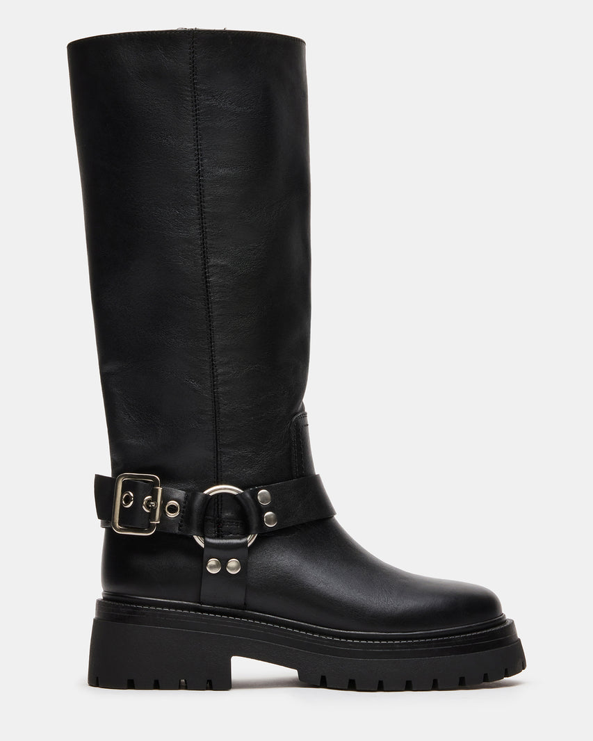 EVEREST Black Leather Moto Lug Knee-High Women's Boot | Steve Madden
