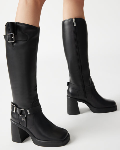 FRANCINE Black Leather Block Heel Knee High Boot | Women's Boots ...